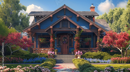A craftsman-style house with a decorative gable, its exterior adorned with blooming flowers, capturing the essence of suburban charm. © Adnan Bukhari