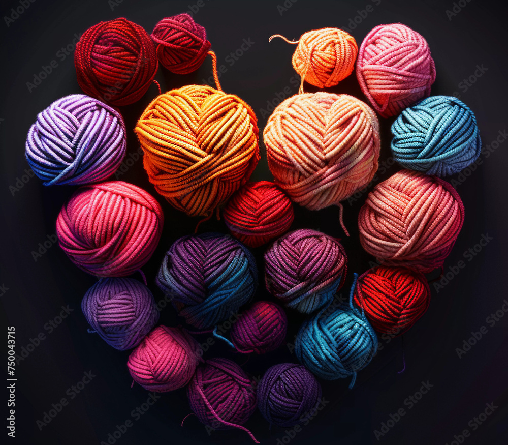Multi-colored wool balls, yarn in shape of heart on black isolated background. Concept of knitting, sewing, needlework, hobby. Handmade card . DIY concept. Flat lay, mock up, copy space