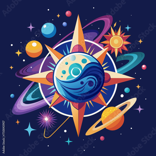 Tshirt sticker design of a design inspired by celestial elements, like stars and galaxies, for a cosmic twist.