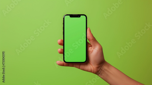 A hand holds an iPhone 15 Pro mockup featuring a green screen on soft green blurred background