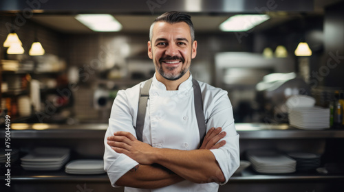 Famous Chef of a Big Restaurant Crosses Arms and Smiles in a Modern Kitchen.