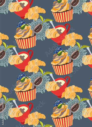Seamless pattern with coffee and cupcake on the blue background.