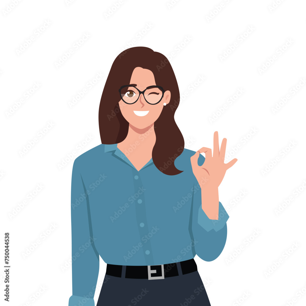 Young woman showing okay with satisfied wink face expression. Flat vector illustration isolated on white background