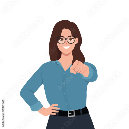 Young woman manager pointing finger at camera and smiling. Flat vector illustration isolated on white background