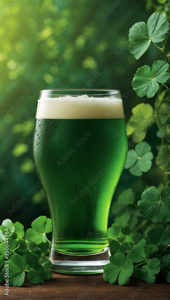 Emerald Refreshment: Green Beverage Amongst Clover Leaves Emerald Refreshment: Green Beverage Amongst Clover Leaves
