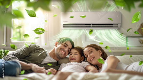 Happy family resting on sofa under air conditioner with air flow in living room. green clean air room concept photo