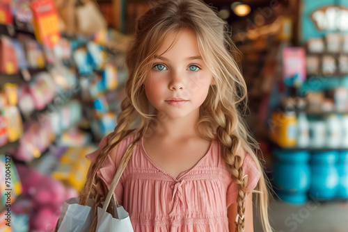Cute little girl with a pink dress in a store. Shopping concept. Sale season