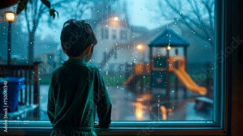 Child looking out at rainy playground. The silhouette of a child observing a playground through a rain-soaked window captures a poignant moment of stillness and reflection. © Irina.Pl