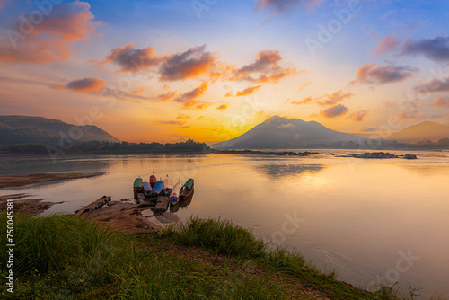 Mekong river and mountain scenery in the morning Kaeng Khut couple scenery  Chiang Khan  Thailand 