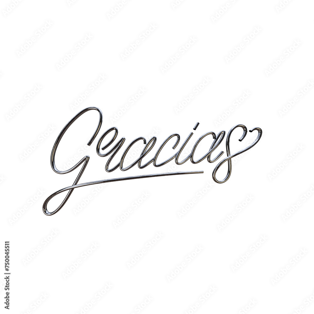 Gracias 3d chrome lettering text. 3d render inscription for wedding thank you card, tag, banner, poster, label Gracias 3d chrome lettering text. 3d render inscription for wedding thank you card, tag, banner, poster, label