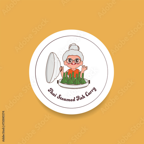 Traditional thai food Thai Steamed Fish Curry. Thailand street food Hor mok. Logo sticker design.