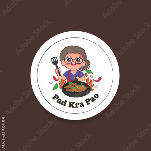 Traditional thai food Pad kra pao. Thailand street food. Logo sticker design.
