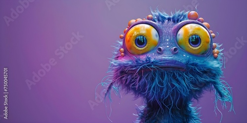 Colorful cartoon monster with quirky expression against vibrant purple backdrop. Concept Cartoon Character Photoshoot, Vibrant Backdrop, Quirky Expression, Colorful Props
