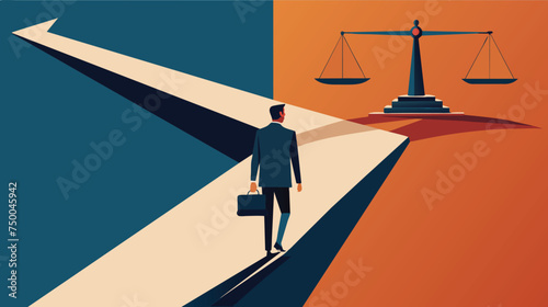 Businessman Approaching Scales of Justice on Divided Path