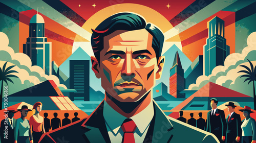 Retro-Futuristic Cityscape With Dapper Gentleman and Crowd