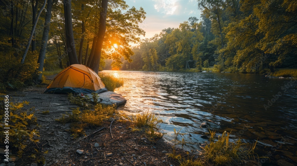 A camping riverside campsite with a lush green forest  - obrazy, fototapety, plakaty 