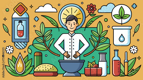 Herbalist Preparing Natural Remedies Surrounded by Plants and Ingredients