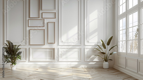 intérieur d'une pièce moderne avec plusieurs cadres sur un mur blanc, mockup