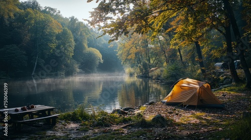 A camping riverside campsite with a lush green forest 