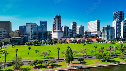 Perth skyline, Western Australia. Beautiful aerial view of city skyline along the river