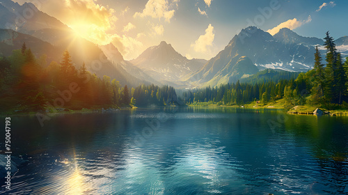 Majestic mountain lake in National Park. Dramatic scene. Sky glowing by sunlight