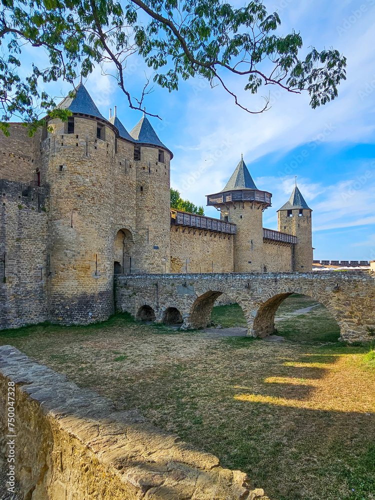 Towers of the medieval citadel of Carcassonne city in southern France UNESCO World Heritage Site