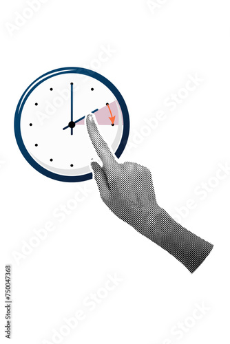 Trendy halftone collage. Poster template. Hand turns hands of clock forward. Announcement and marketing. Modern vector art 