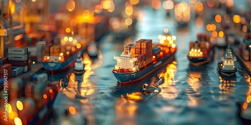 Busy port scene with cargo ships boats and containers ready for transport. Concept Port Scene, Cargo Ships, Boats, Containers, Transport Ready