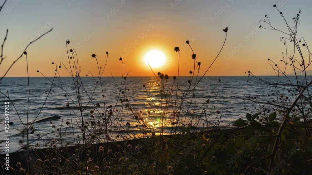 Panoramic view of the Black Sea coast at sunset. A picturesque view of the sunset sky in the evening. View of the golden sunset and waves on the sea near the Kiselyov rock. Tuapse 4K Panoramic view of the Black Sea coast at sunset. A picturesque view of the sunset sky in the evening. View of the golden sunset and waves on the sea near the Kiselyov rock. Tuapse 4K