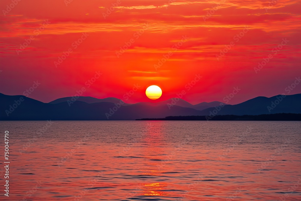 Red Sunset at Big Sea. Stunning Orange Sky over Ocean