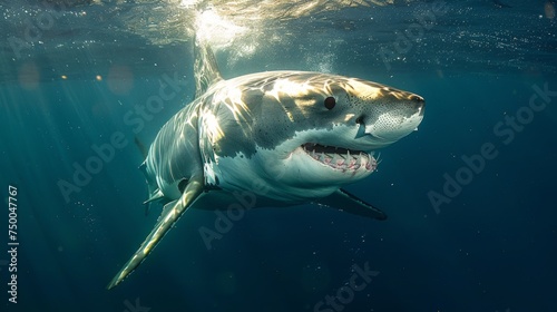 Great white shark in dark waters. Ocean apex predator. Marine life, shark.