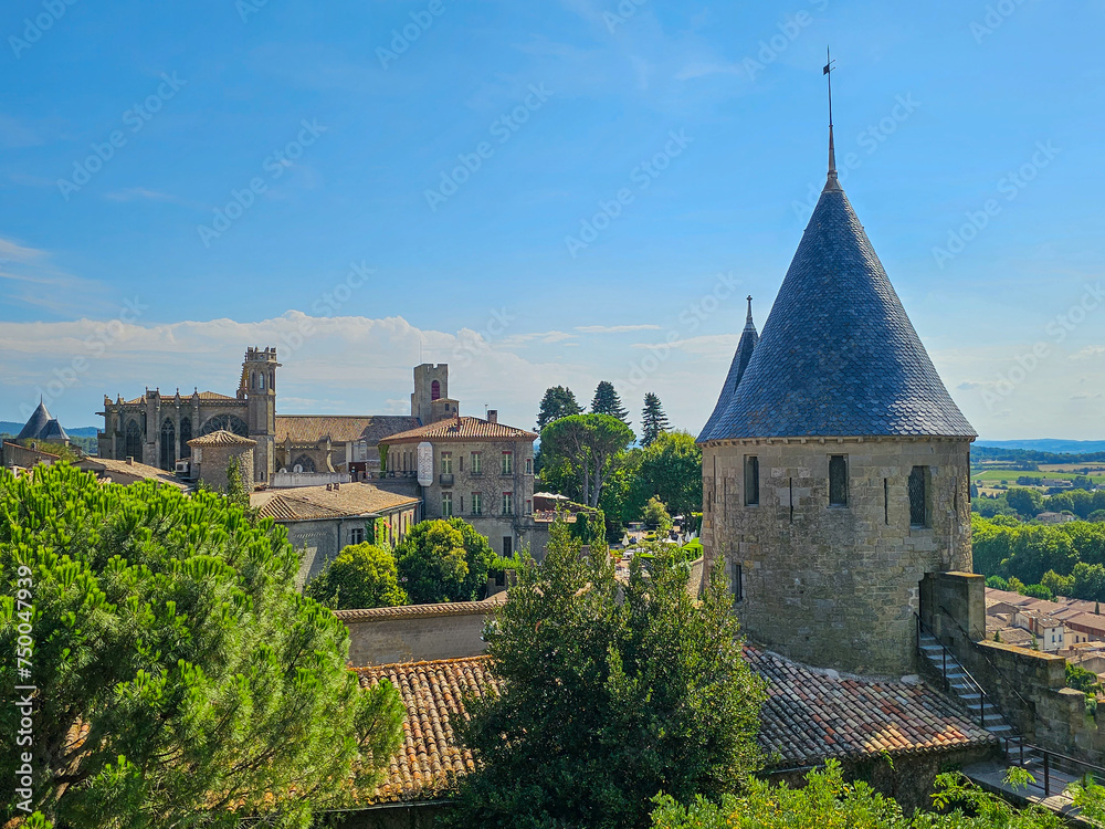 Towers of the medieval citadel of Carcassonne city in southern France UNESCO World Heritage Site