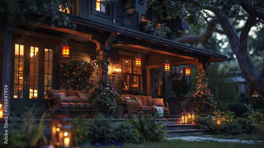 A craftsman home with a covered porch, its exterior adorned with hanging lanterns and cozy seating, creating an inviting and charming scene in a suburban setting.