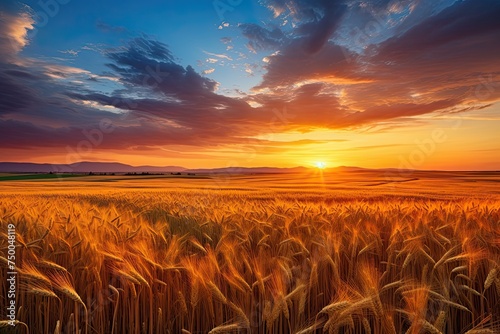Summer Sunrise over Colourful Fields. Beautiful Landscape View of Rural Nature with Sun Rising in the Vibrant Sky photo