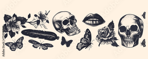 Retro Photocopy Effect Bliss with Trendy Skull, Butterfly, Lip Elements, Floral Reverie, Vector and isolated on background