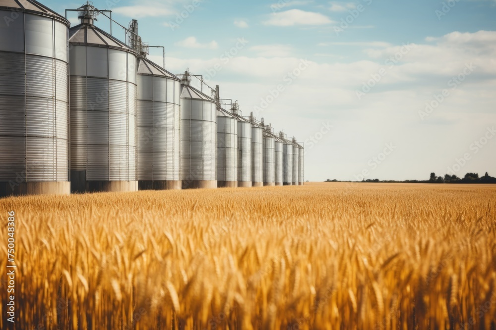 Silos in a barley field. Storage of agricultural production. field. crop, silage, storage, Silos in a barley field. Storage of agricultural production. field. crop, silage, storage,