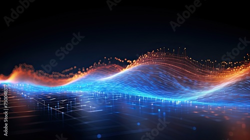 Transfer Digital Data Background with Abstract Wave of Moving Dots and Musical Audio Stream - 3D Rendering for Big Business, AI Analysis, and Artificial Intelligence. Blue Hued