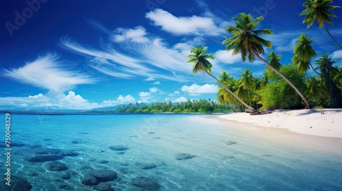 Tropic Beach. A Beautiful Palm Lined Bay with a Calm Blue Caribbean Sea in the Background