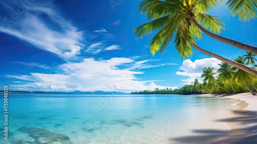 Tropic Paradise - A Serene Tropical Beach with Beautiful Palm Trees and Calm Caribbean Sea in the Background