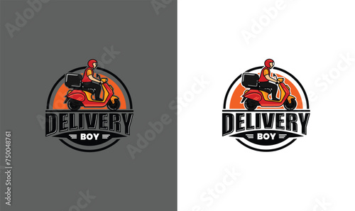 Fast delivery in flat style, Food delivery service The courier rides a motorbike with the goods. Delivery  Courier Motorbike Logo, Scooter delivery esport Icon  Symbol Vector Template photo