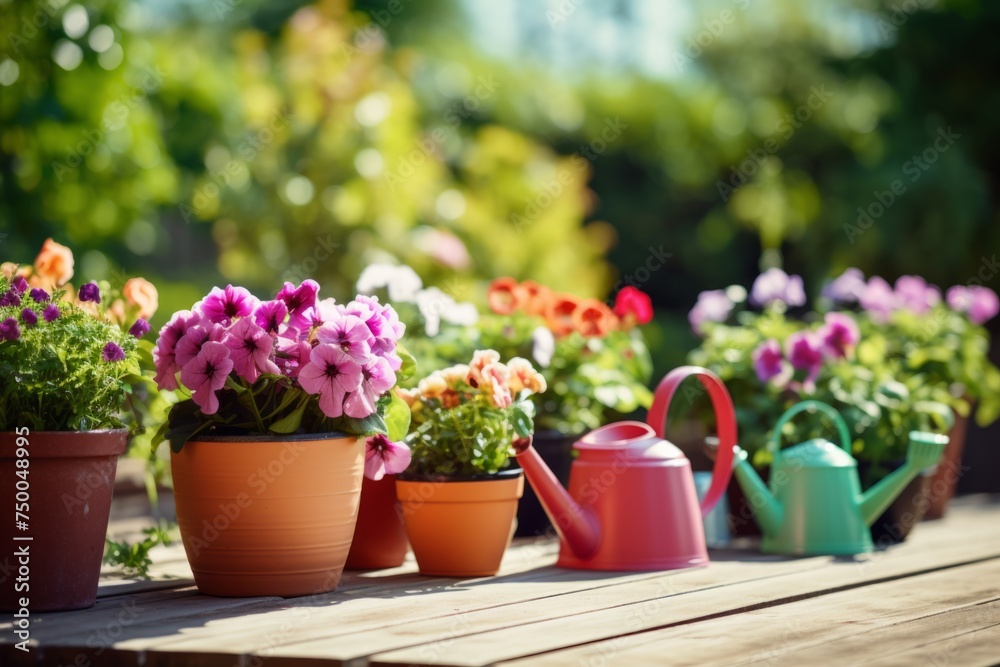 Flowers in clay pots on the terrace. Potted Flowers Wooden Floor Garden