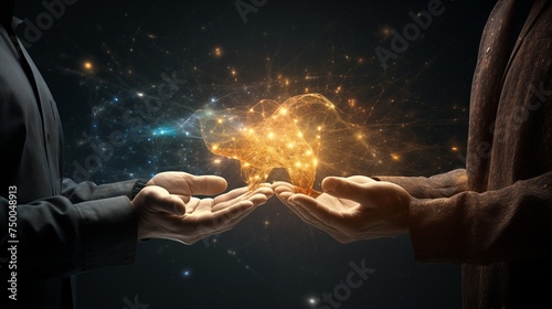 Two individuals extend hands, creating a relationship, exchanging knowledge, news and modern technology, fostering a collaborative and mutually beneficial interaction between them.