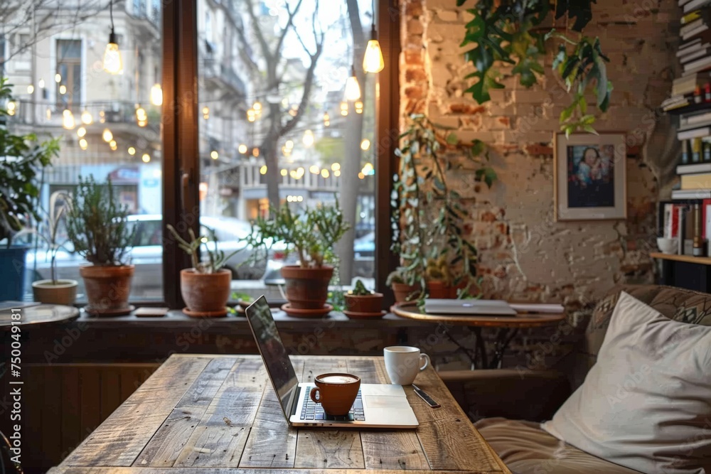 Fototapeta premium Laptop open on a wooden cafe table accompanied by a patterned espresso cup, setting a scene for a productive morning amidst urban life. capturing a casual work vibe in a softly lit, cozy city cafe.