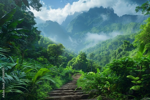 Adventurous hike through lush forest, Trekker at the peak overlooks a misty tropical valley, vibrant green foliage under the soft glow of morning light creates a dreamlike vista. Onlooker at summit