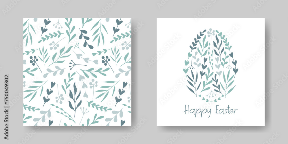 Easter holiday Cards set. Silhouette of Easter Egg from Plants. Hand drawn Green natural branches decoration. Eco concept Botanical seasonal Background. Traditional Minimalist illustration