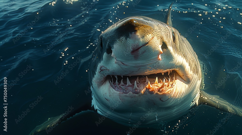 Obraz premium Ferocious great white shark in dark waters. Ocean apex predator. Marine life, shark.