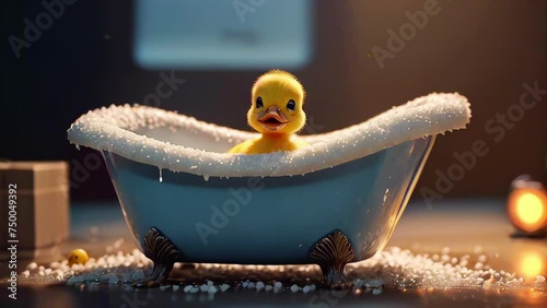 A rubber duck in a miniature bubble bath against the backdrop of warm candle light.
Concept: Bathroom, relaxation
 and baby shower toys photo