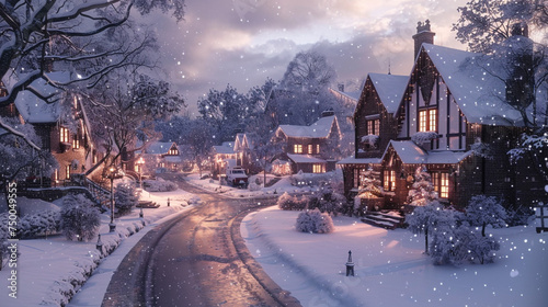 A snow-covered suburban scene, the craftsman houses adorned with icicles, and the simplicity of their exteriors creating a serene winter wonderland.