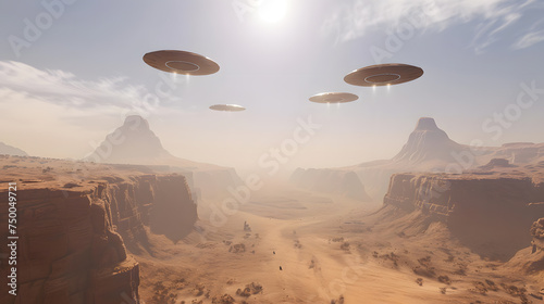 Digital art of three UFOs hovering silently over a vast desert canyon under a clear sky. 