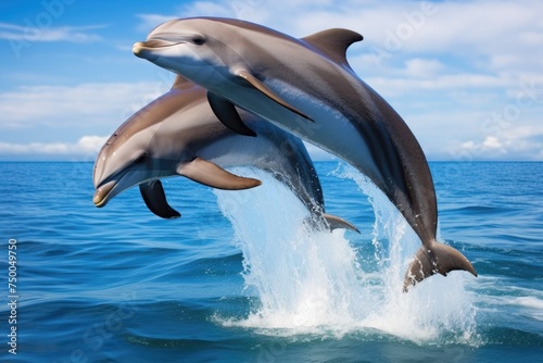 Cheerful dolphins leaping out of crystal clear waters, two  dolphins leaping out of crystal-clear turquoise waters, Ai generated © Tanu